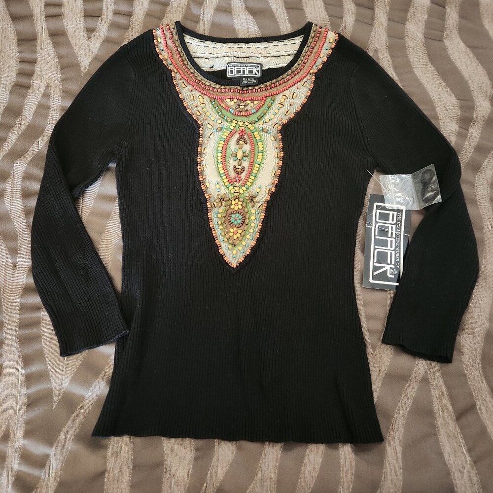 NWT Berek Wood Beaded Artisan Ribbed Knit Top Size M